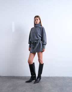 Real suede funnel neck cinch waist long sleeve mini dress in petrol blue