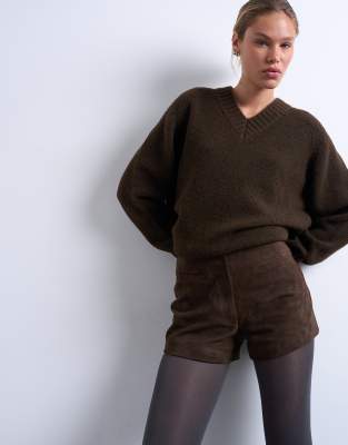 Topshop Real Suede Mini Shorts In Brown