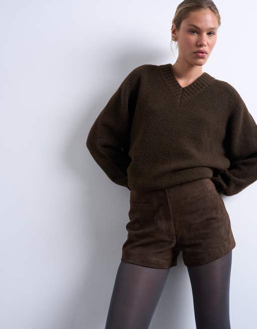 Topshop real suede mini shorts in chocolate (Part of a set), 2 of 5