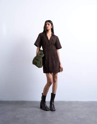 Topshop Real Suede Open Collar Mini Shirt Dress In Brown