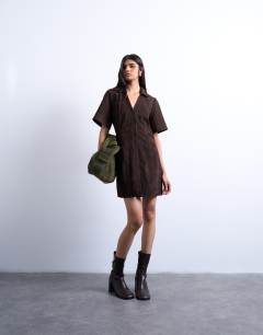 Real suede open collar mini shirt dress in brown