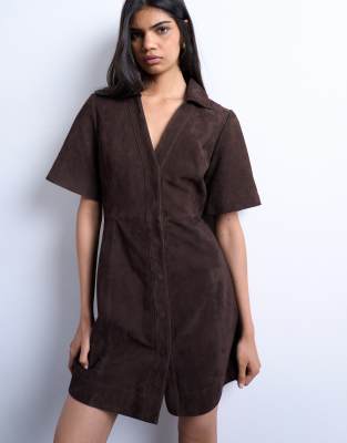Topshop Real Suede Open Collar Mini Shirt Dress In Brown