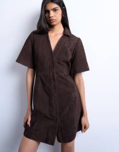 Model wearing Real suede open collar mini shirt dress in brown