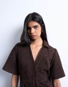 Model wearing Real suede open collar mini shirt dress in brown