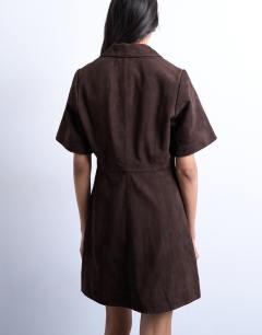 Model wearing Real suede open collar mini shirt dress in brown