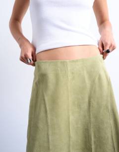 Model wearing Real suede panelled midi skirt in avocado