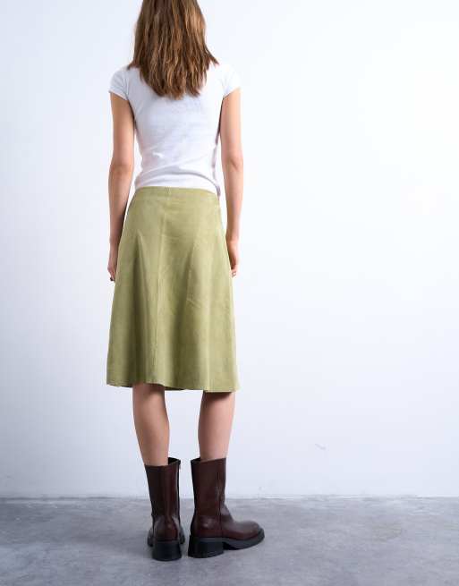 Topshop real suede panelled midi skirt in avocado, 4 of 5