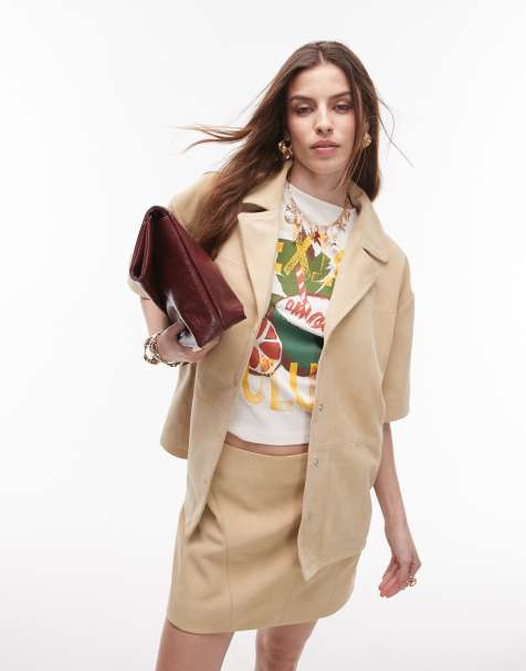 Topshop real suede resort shirt in buttermilk (part of a set) - view 1