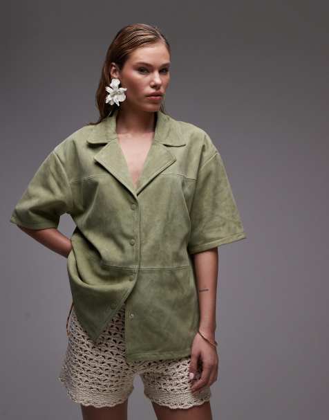 Topshop real suede resort shirt in khaki - part of a set - view 1