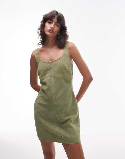 Topshop real suede seamed mini dress in pastel olive - view 1