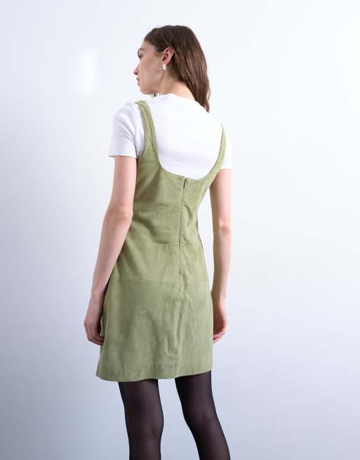 Topshop real suede seamed mini dress in pastel olive, 2 of 4