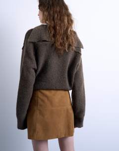 Model wearing Real suede seamed mini skirt in toffee