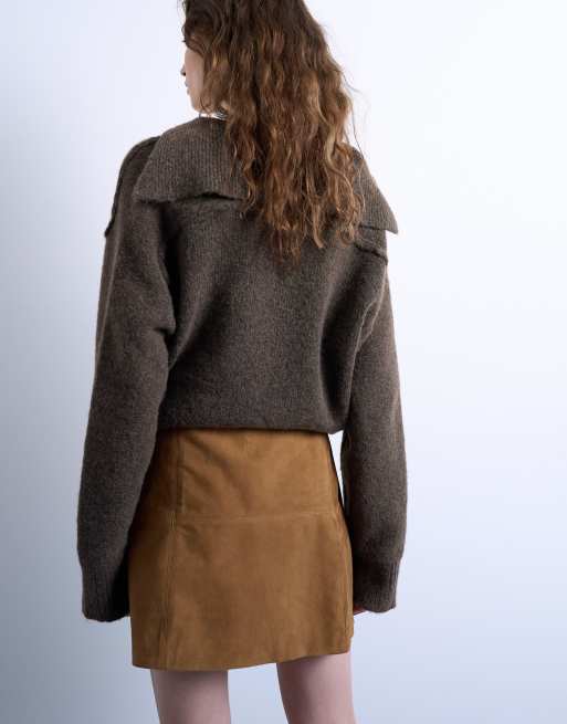Topshop real suede seamed mini skirt in toffee, 3 of 5
