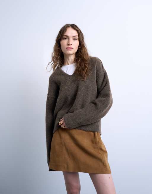 Topshop real suede seamed mini skirt in toffee, 4 of 5