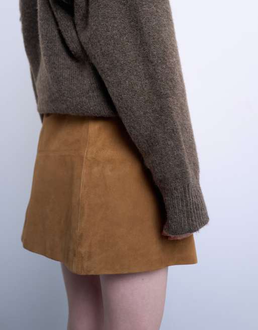 Topshop real suede seamed mini skirt in toffee ASOS