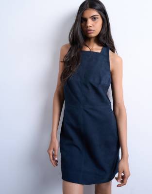 Topshop Real Suede Square Neck Halter Neck Mini Dress In Blue