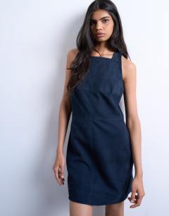 Real suede square neck halter neck mini dress in navy