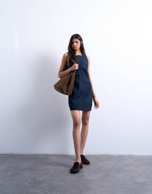 Topshop Real Suede Square Neck Halter Neck Mini Dress In Blue