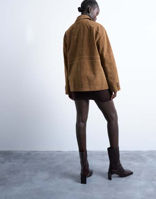 Topshop - Recht casual shacket van imitatiesuède in lichtbruin, 4 van 4