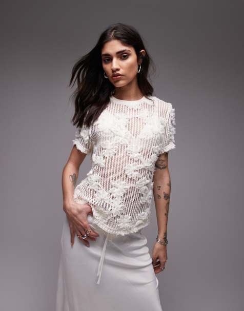 Topshop - Recht T-shirt met bloemen-applicaties in ivoorwit - view 1