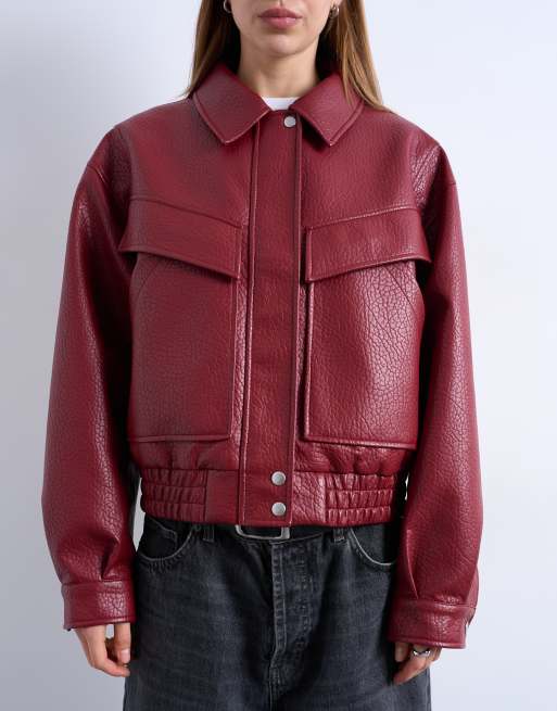 Topshop - Recht wijd bomberjack van imitatieleer met rits in rood, 3 van 4