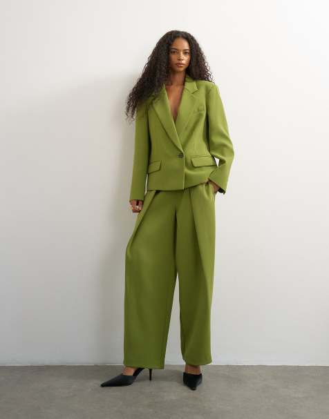 Topshop - Rechte blazer en broek met wijde pijpen en plooien in olijfgroen - view 1