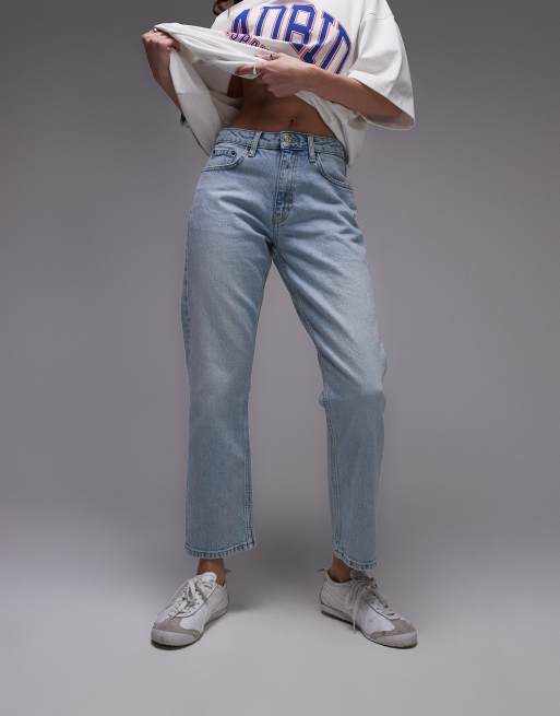 Topshop - Rechte cropped jeans met halfhoge taille in zomerse bleekwassing