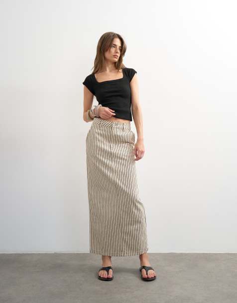 Topshop - Rechte gestreepte denim maxi rok in zwart en ecru - view 1