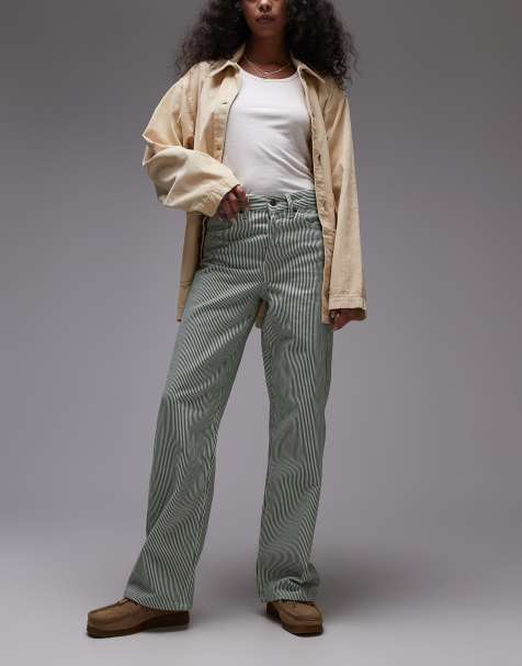 Topshop - Rechte gestreepte jeans met halfhoge taille en losse pasvorm in groen - view 1