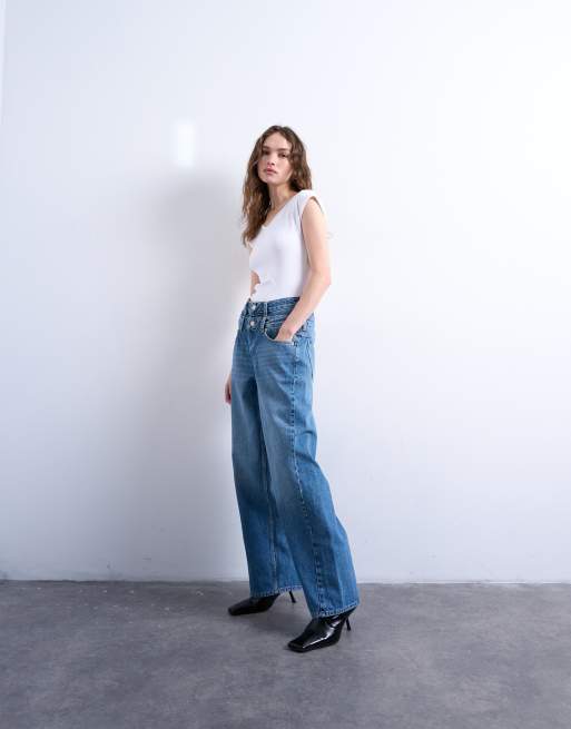 Topshop - Rechte jeans met dubbele tailleband in middenblauw, 4 van 5