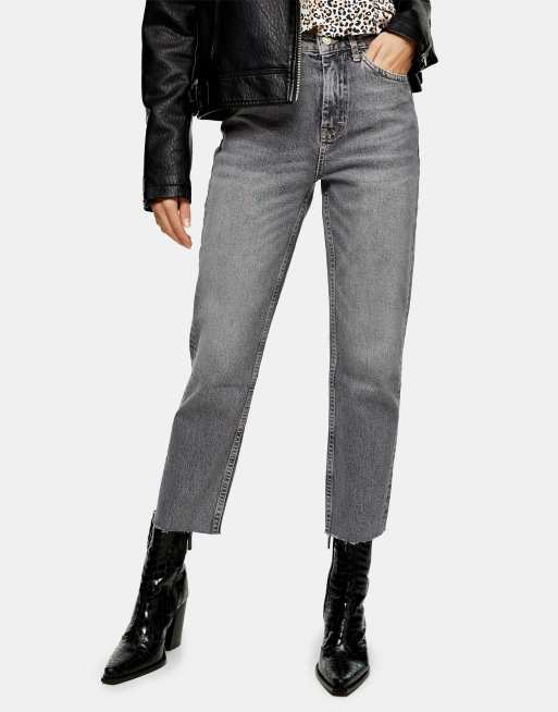 Topshop - Rechte jeans met gescheurde zoom in grijs