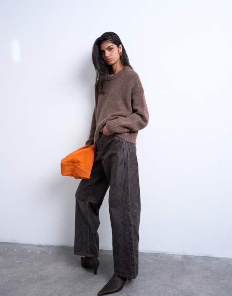 Topshop - Rechte jeans met halfhoge taille in bruin craquelé - view 1