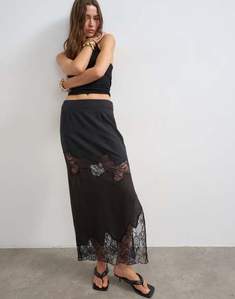 Topshop - Rechte maxi rok met kanten inzetstuk in bruin en zwart - view 1