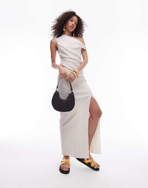Topshop - Rechte maxi-rok met plooien en krijtstreep in naturel, deel van co-ord set - view 1
