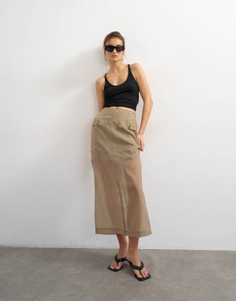 Topshop - Rechte maxi rok van organza met zakken in nertsbruin - view 1