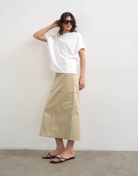 Topshop - Rechte midi rok met contrasterende stiksels in stone - view 1