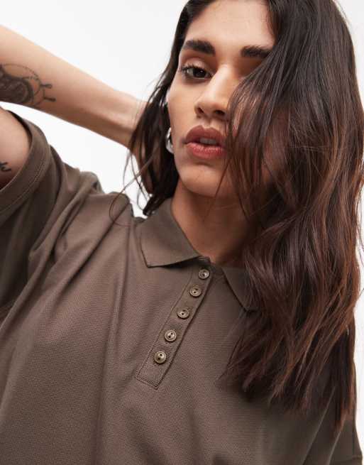 Topshop - Rechte polo met korte mouwen in kaki, 3 van 4