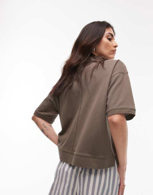 Topshop - Rechte polo met korte mouwen in kaki, 4 van 4