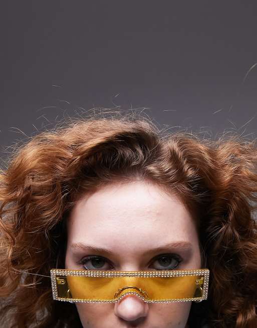 Topshop – Rechteckige, modische Sonnenbrille in Gelb mit Strassbesatz