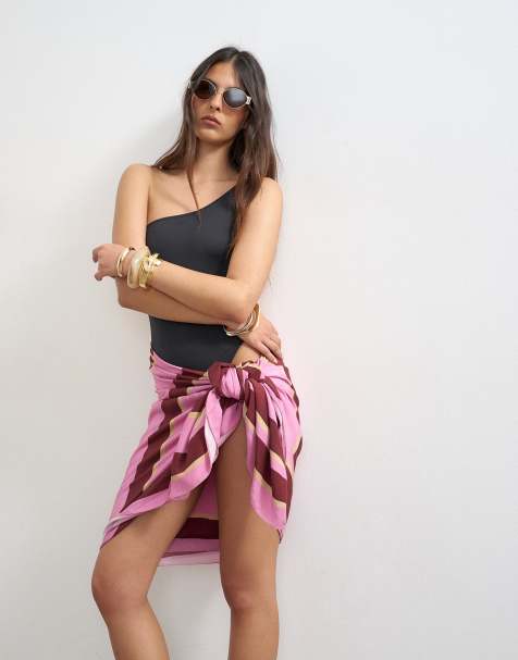 Topshop - Rechthoekige sarong met strepenprint in roze en bordeauxrood - view 1