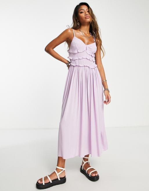 Topshop – Reconnected – Gesmoktes Midi-Trägerkleid aus fliederfarbener Viskose mit Rüschen