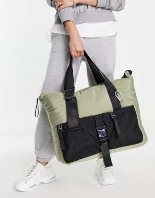 Topshop Tote Bag With Mesh Pocket In Khaki Khaki-green ModeSens