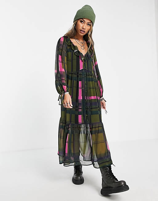 Dresses Topshop recycled blend check ruffle chuck on maxi in green 