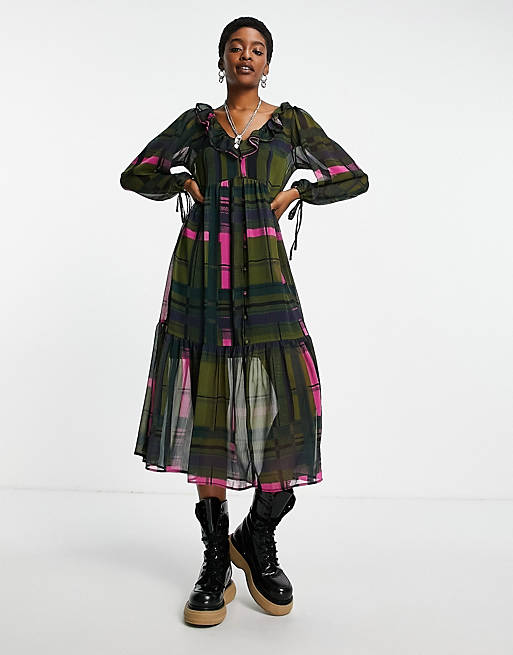  Topshop recycled blend check ruffle chuck on maxi in green 