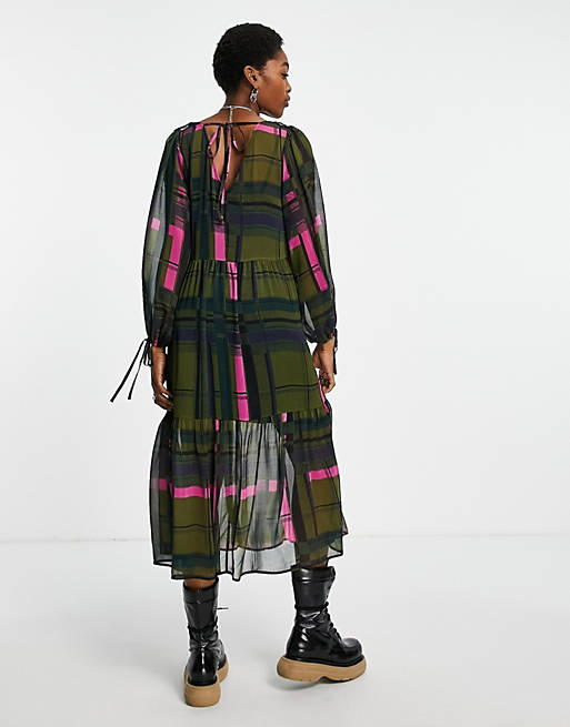  Topshop recycled blend check ruffle chuck on maxi in green 