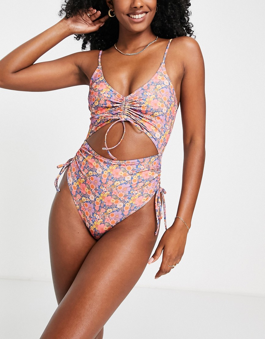 Topshop recycled blend ditsy floral swimsuit in multi-Black