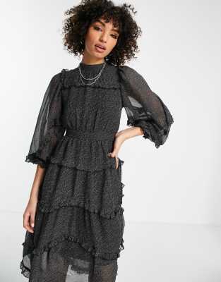 topshop midi dress with ruffle detail in black