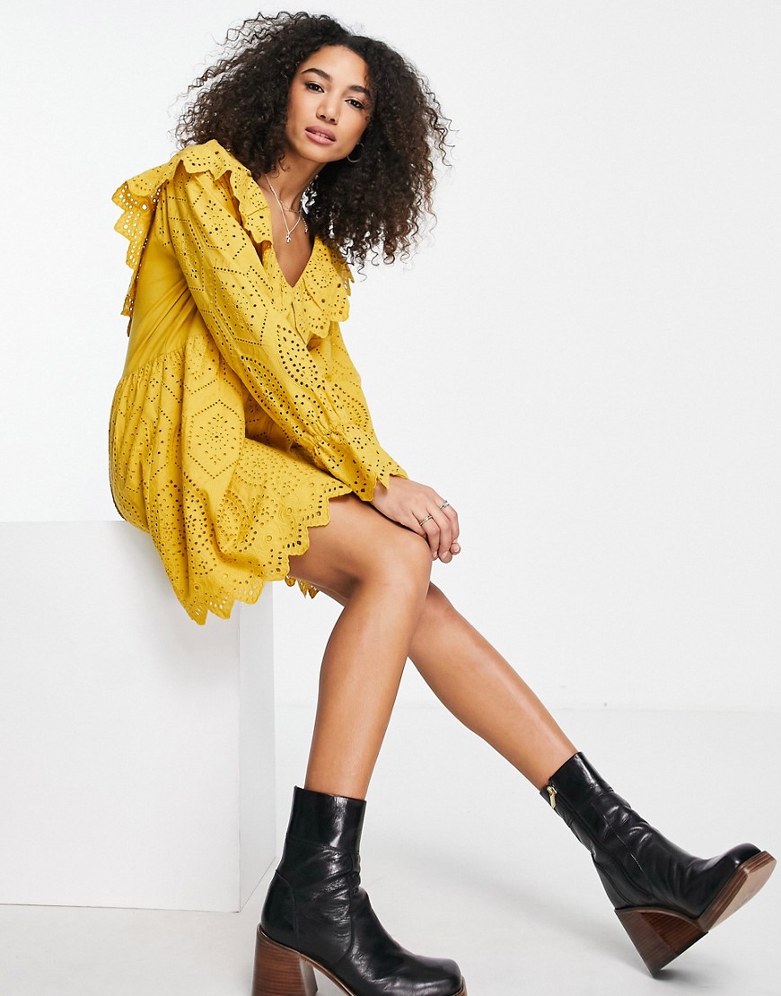 Topshop recycled blend eyelet ruffle neck chuck on dress in yellow