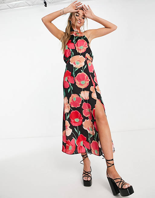 Women Topshop recycled blend polyester halter neck satin midi dress with in bold floral 
