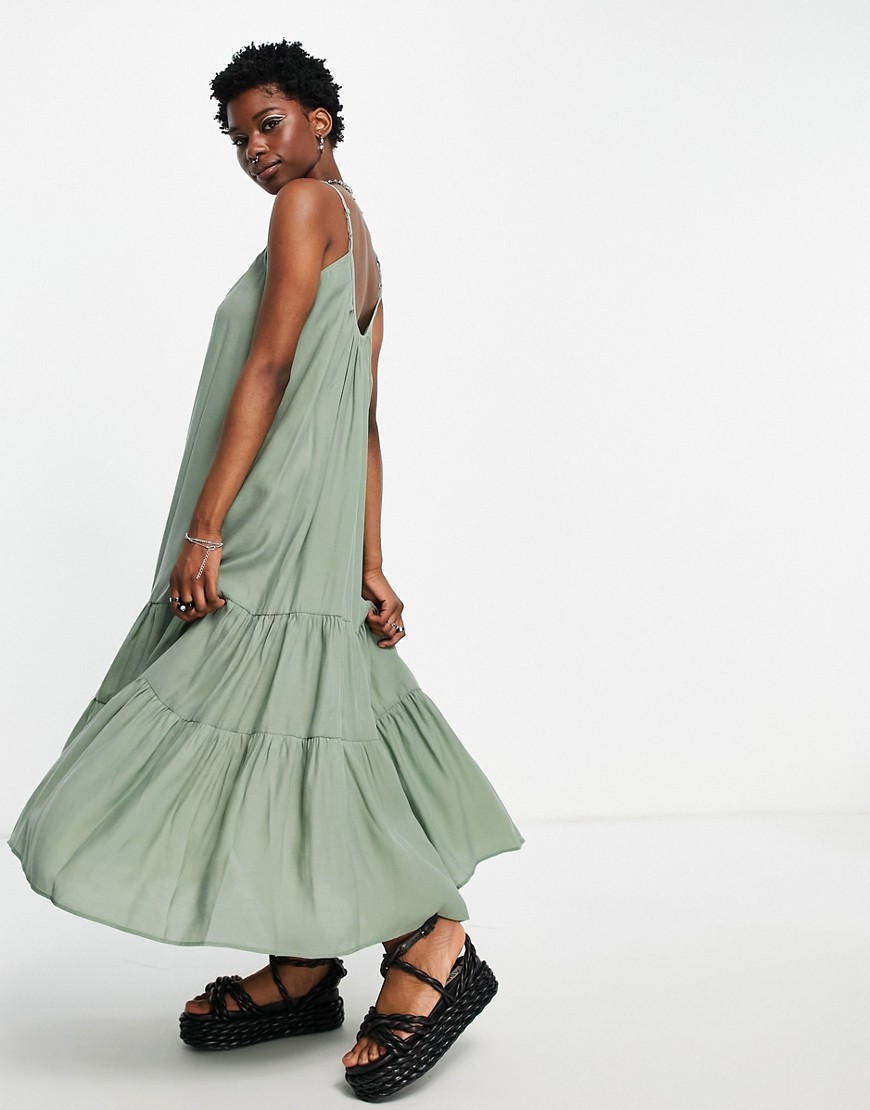 Topshop recycled blend premium flowing maxi dress in sage-Green